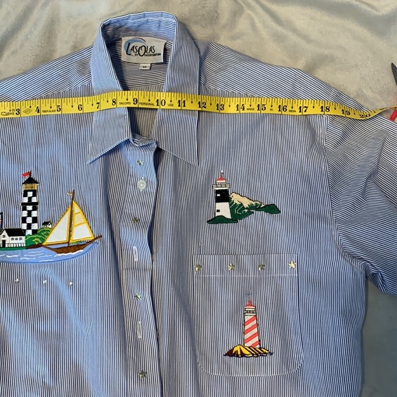 Las Olas Blue white Striped Button up Shirt Lighthouse Embroidery stars medium - Picture 7 of 8